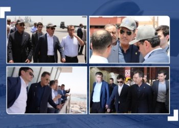 بازدید میدانی وزیر حمل و نقل ازبکستان و مدیرعامل سازمان بنادر و دریانوردی از بندر شهیدرجایی/ الهام محکماف و سعید رسولی از برج کنترل ترافیک دریایی، ترمینال ۲ کانتینری و اراضی ۲۴۰۰ هکتاری بازدید کردند
