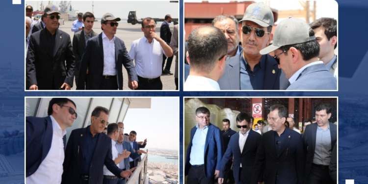 بازدید میدانی وزیر حمل و نقل ازبکستان و مدیرعامل سازمان بنادر و دریانوردی از بندر شهیدرجایی/ الهام محکم‌‌اف و سعید رسولی از برج کنترل ترافیک دریایی، ترمینال ۲ کانتینری و اراضی ۲۴۰۰ هکتاری بازدید کردند